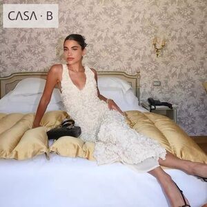 NEW💫CASA B |“Dreaming in Rose” 3D Floral Appliqué Ivory Plunge Neckline Dress